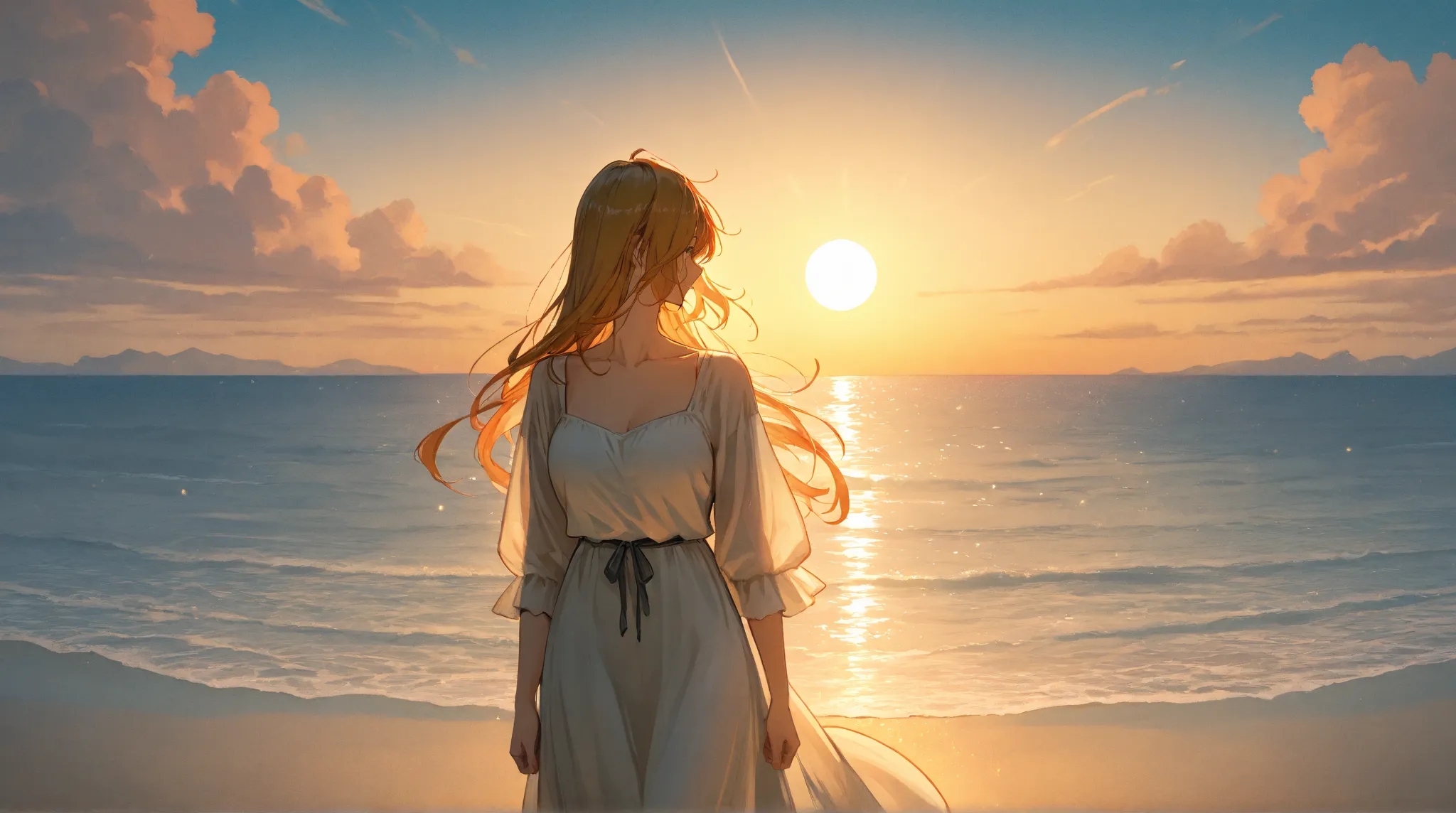 Survive on an isolated island in a remote sea　A beautiful girl is left alone at the seaside　I want to get out of here　I want to crash land in a safe zone　Movie anime style　high quality　 long hair 