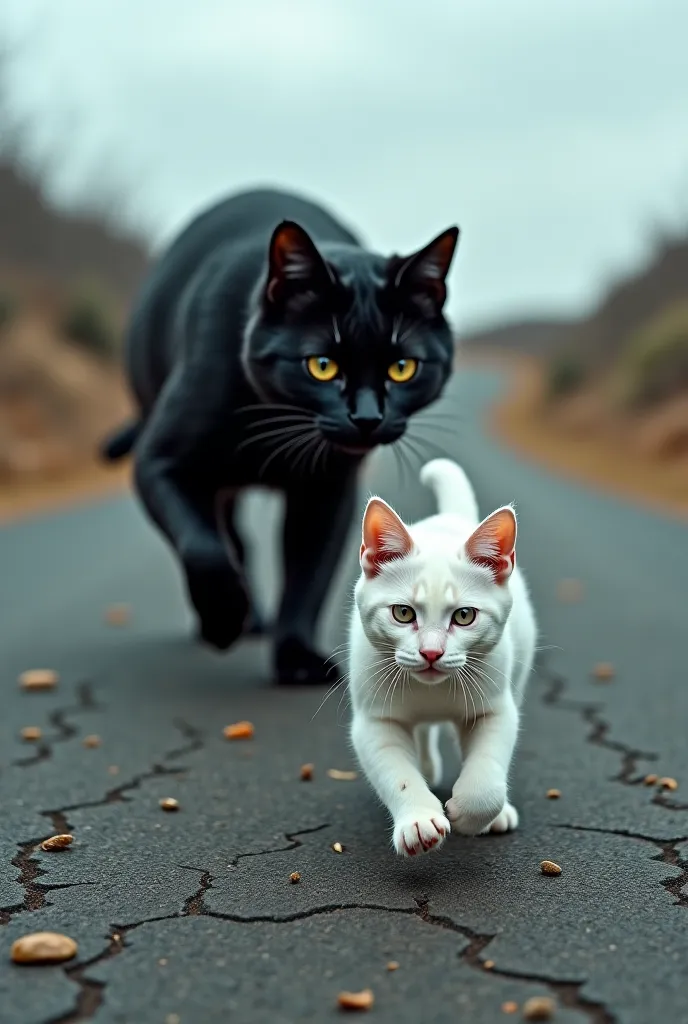 The white cat that cries, Run from the strong black cat that has muscles gone on the road.