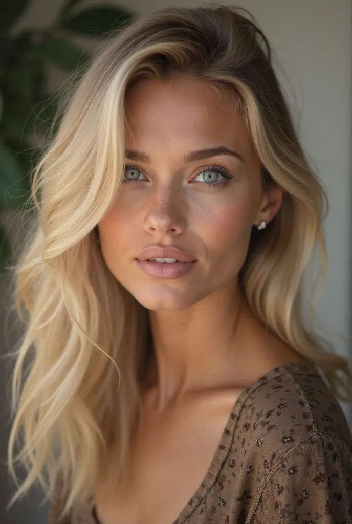 An American model, blonde, of classic beauty and natural elegance. Her golden and silky hair falls in soft waves over her shoulders, framing a harmonious face with well-defined features. Clear and expressive eyes convey confidence and mystery, while her fl...