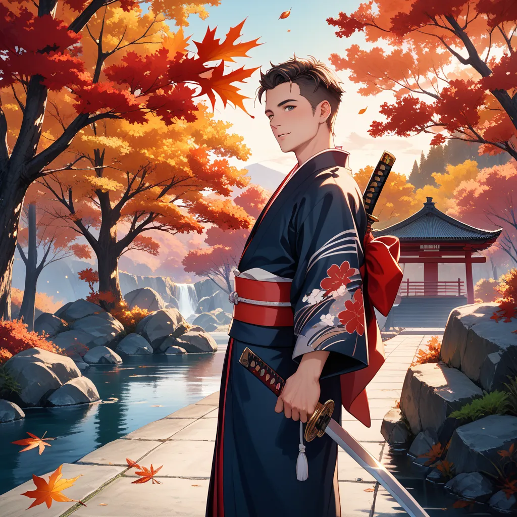 A male samurai wearing a kimono who looks back at us with autumn leaves on his back。The kimono is the same color as the fall leaves and has a sword。