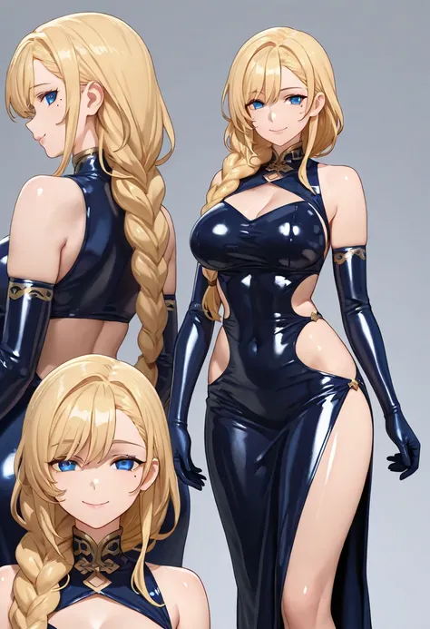 1girl, long hair, looking at viewer, smile, blue eyes, large breasts, blonde hair, medium breasts, standing, braid, elbow gloves, clothing cutout, mole under eye, multiple views, shiny skin, braided ponytail, aged up, shiny clothes, side cutout