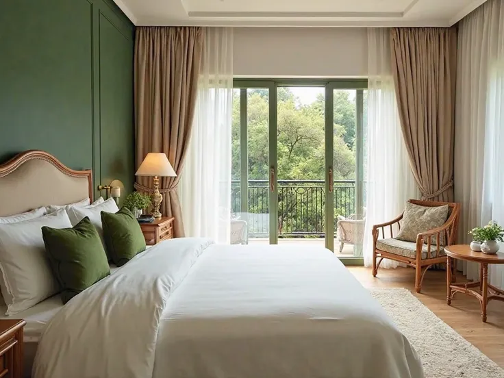 Create a hotel room with French architecture style. Wide view of the entire room, View Tuyen Lam Lake 
Large bed with ivory-white duvet, green accent pillow.
Natural light enters the room, combined with soft fabric curtains.
Relaxing corner with small wood...