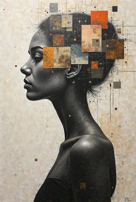 abstract painting using boxes and symbolize trugger personality; use only square shape to form a woman
on the painting