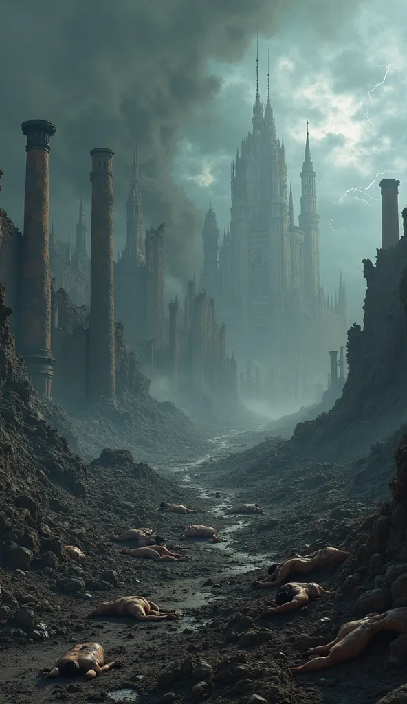 A desolate and ruined landscape where an ancient city once stood. Thick smoke rises from the scorched ground, and the remains of once-magnificent buildings now lie in shattered ruins. The sky is dark and ominous, with flashes of lightning illuminating the ...