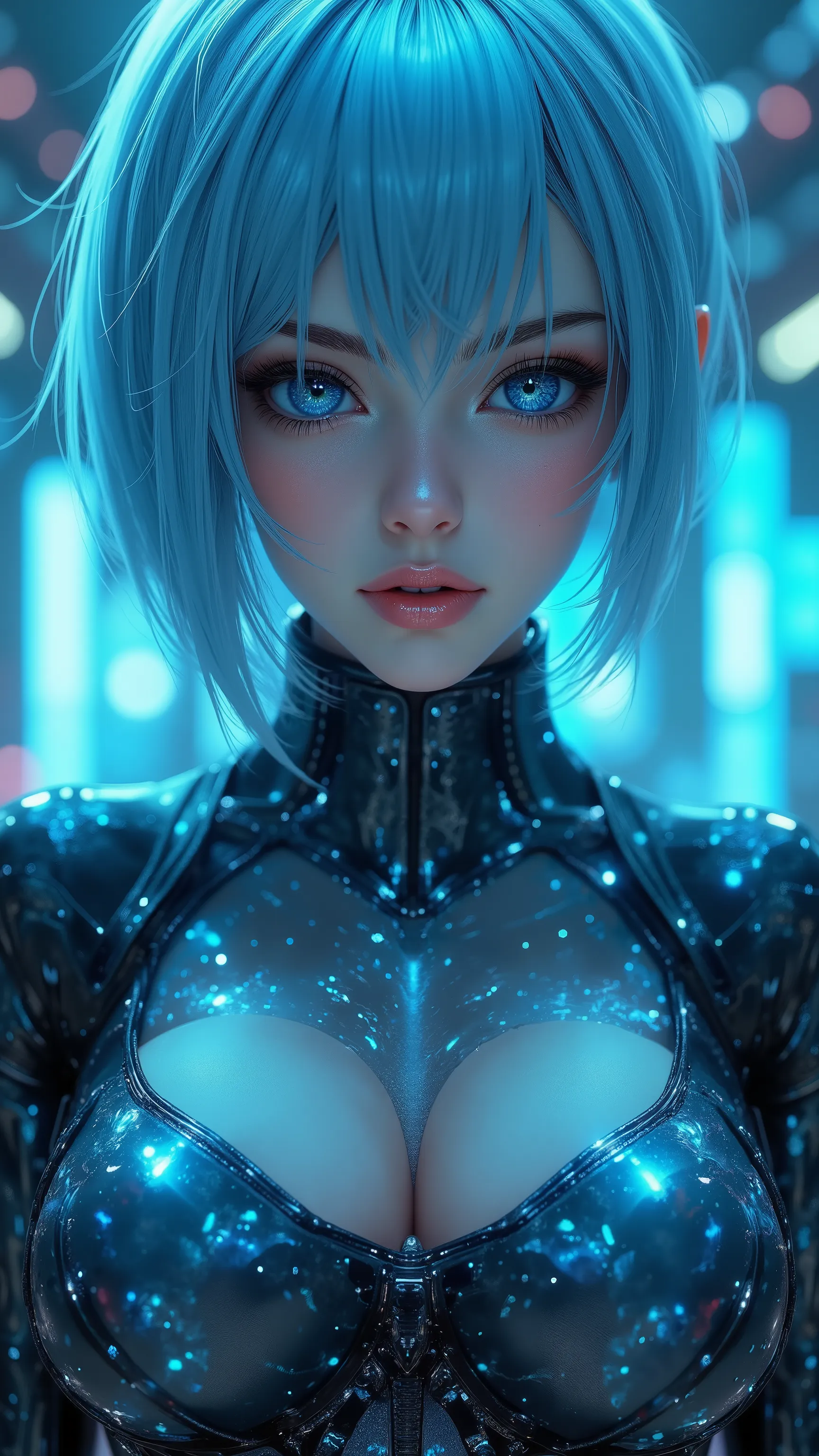  masterpiece, Top Quality,close up, front view.  short hair, Light Blue Hair， crystal blue eyes ，Beautiful，a determined expression， High Tech，Big breasts，Glowing blue circuit details on the body，blurred background， futuristic environment ，soft lighting