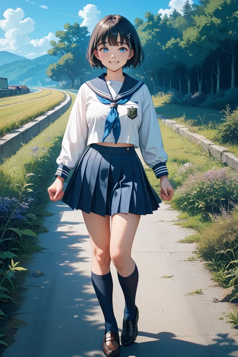 Japanese woman with very short dark hair, natural smile ,sailor suit,navy blue knee-length skirt,Detailed skirt pleats depiction,navy blue high socks,loafers,Athletic build,Summer in Japan,deep blue sky, country road,Vast flatlands,Weeds are growing a litt...