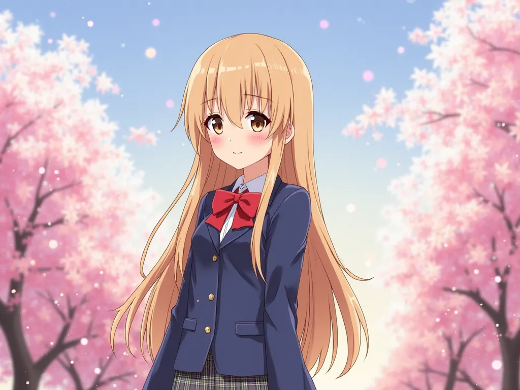 Female characters

She has long golden hair, straight.

Light brown eyes. They look gentle

She wore a girl's school dress, consisting of a blue suit top, a plaid skirt and a red bow.

The posture seems calm, sweet, and has a friendly personality.
CLEAR SK...