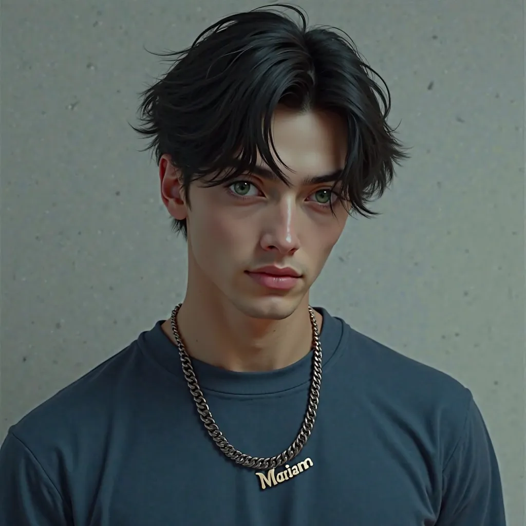 A 21 year old man, very sharp features, thin lips, green eyes, dark black hair, soft, fair skin, and hunter eyes.
He is wearing a blue sweatshirt and a chain with the name Mariam on it.