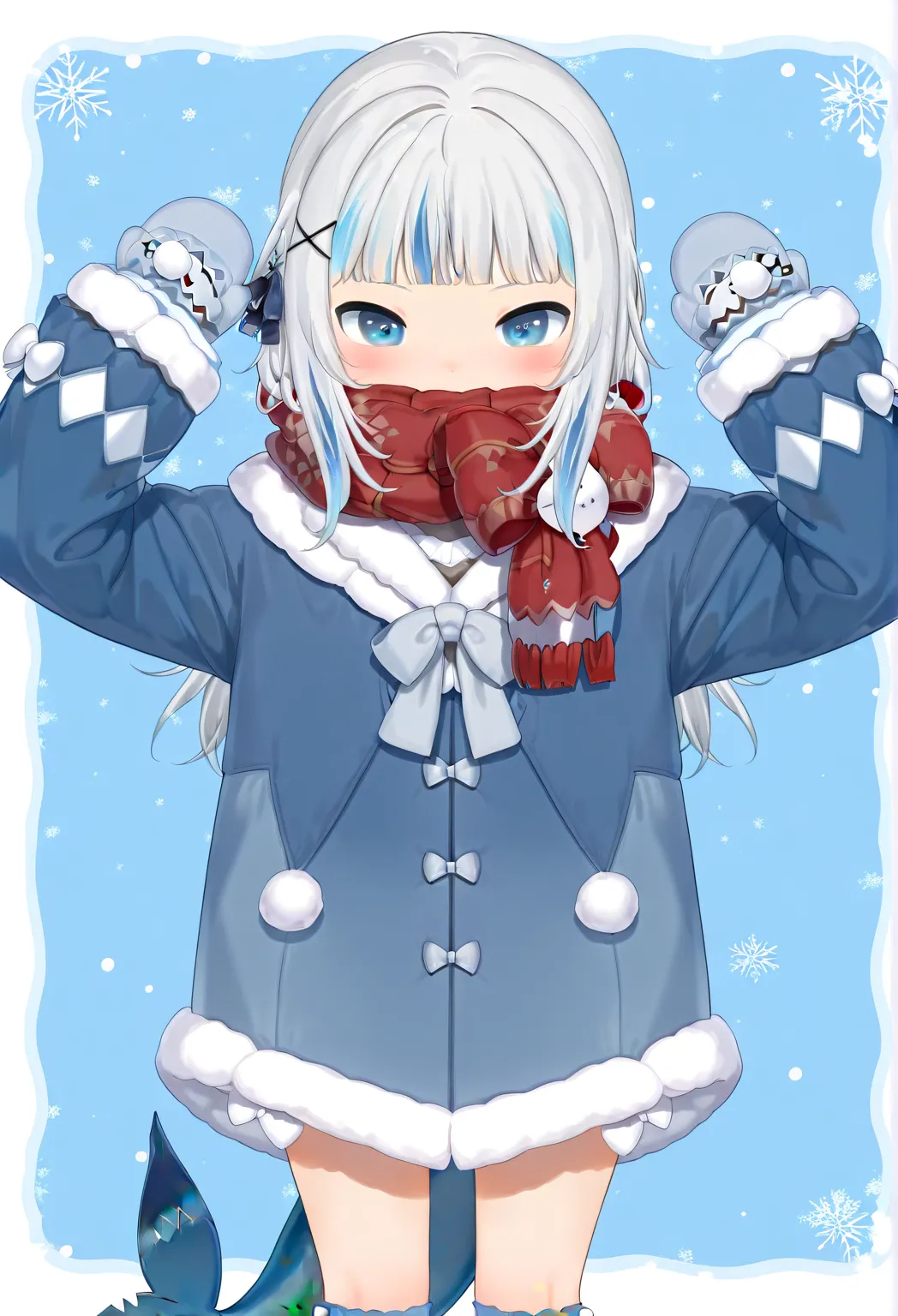 gawr gura, 1girl, solo, shark girl, blue eyes, blue hair, grey hair, multicolored hair, streaked hair, long hair, blunt bangs, coat, blue coat, fur-trimmed coat, winter coat, scarf, red scarf, scarf over mouth, socks, grey socks, long sleeves, sleeves past...