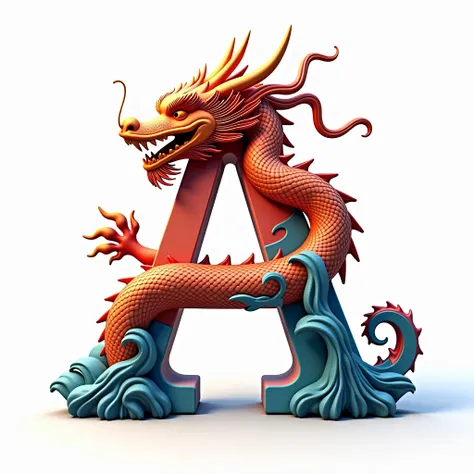 Letter A，in the form of a three-dimensional sculpture，contains lifelike dragon patterns in the pattern，Dragon torsion，and waves in the image Lines and texture details of watercolor blend，creates a dynamic visual effect。text Exquisite，has strong Chinese tra...