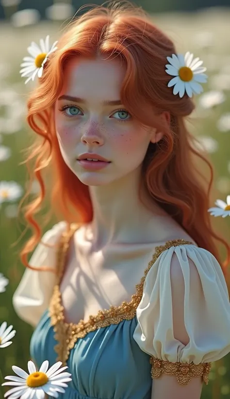 A realistic portrait of a 25-year-old woman with red hair in soft waves and a small, single pretty beautiful daisy in her hair, with big blue eyes and freckles on the cheeks and nose, gentle look at the viewer, open lips ,  small nose , she wears an azure ...