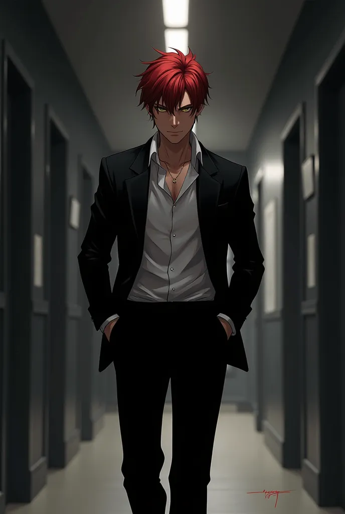 Anime style of a black man with brown eyes and red hair.  distant and thoughtful look . black and white suit, walking through the school corridors with his hands in his pockets 