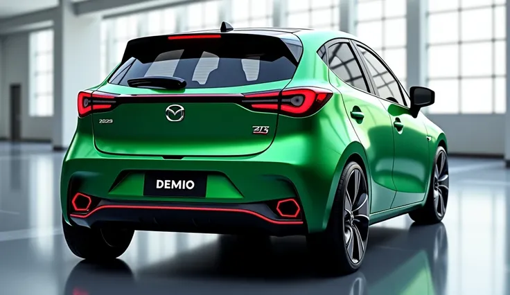 Prompt:
Ultra-realistic 3D render of a futuristic compact hatchback (2025 Mazda Demio) with a bold full-back-end view. Featuring sleek LED tail lights stretching across the rear and a custom number plate displaying ‘DEMIO.’ The word ‘Demio’ is prominently ...