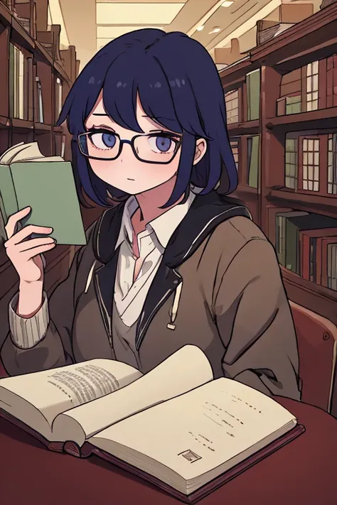 High Resolution, accurate, anatomically correct, masterpiece, 最高quality, numerous awards for the future, Details, high definition model, 高quality, quality, textured skin、 girl with glasses、 Libraries 、reading a book、Intellectual atmosphere、gentle expressio...