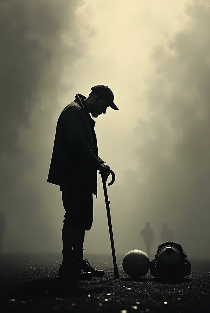 Imagine a silhouette of a man in the shade with a cane, soccer ball and gear 