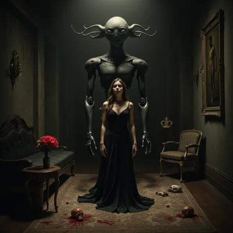 "(the best lighting, HIGH CONTRAST, dark, dramatic),(Woman next to a giant phallus glans viscera robot, flower, Crown, fetus, autopsy, human bones, Blood in the bedroom, bed). Light Caravaggio"