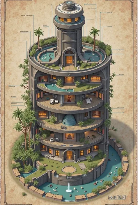 Building plan for Create a detailed architectural cross-sectional schematic of 'The Nest,' an 8-floor underground cylindrical complex, 100m diameter, 80m deep, topped by a 20m-high water tower on 5m stilts. The tower (10m diameter) has solar panels, a wind...