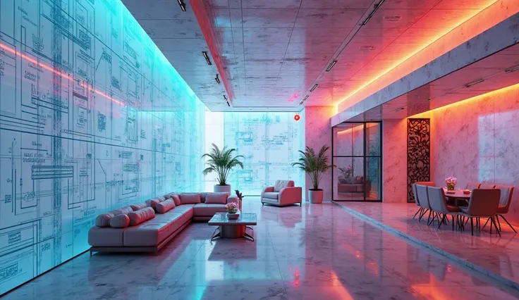 A futuristic interior design featuring a seamless blend of technical blueprints and hyper-realistic rendering. The left side showcases a soft, faded blueprint in gradient blue-red tones, transitioning diagonally into a luxurious 3D-rendered living space. T...