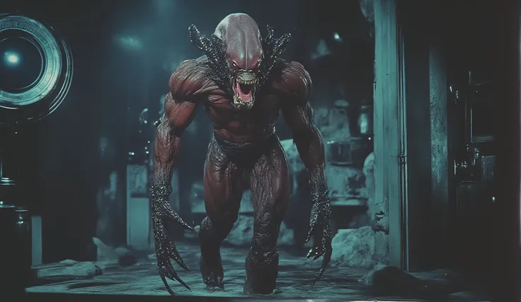 DVD screengrab from 1950's Super Panavision 70: Xenomorph from the movie Alien, He is a Bodybuilder, He has huge muscles, Bulging veins, He has ultra huge muscles on his arms, abs of 6 cubes, He smiles slyly sticking out his tongue, He slowly creeps along ...