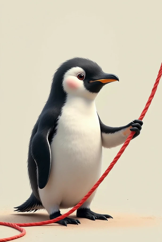 Cute but realistic penguin, holding long red wire so you can't see the end of the wire,  Tattoo-style image  