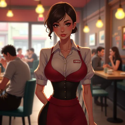 30 year old female waitress with big breasts in uniform