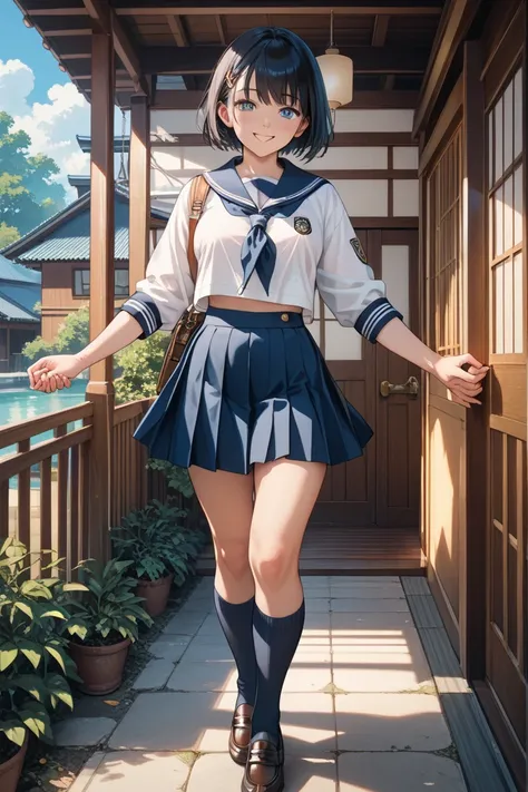 Japanese woman with very short dark hair, natural smile ,sailor suit,navy blue knee-length skirt,Detailed skirt pleats depiction,navy blue high socks,loafers that make me blush,Athletic build,Summer in Japan,In front of my house,In front of the entrance,I'...