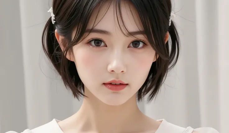 8k,Ultra High Resolution , highest quality, masterpiece,rule of thirds,golden ratio,surreal, photos, one woman,( girls:1.3),cute,cute顔, Beautiful Eyes in Every Detail , 細かくdetails,mature woman,princess,upper body,smile, black hair,Short Layered cut,ID ph...