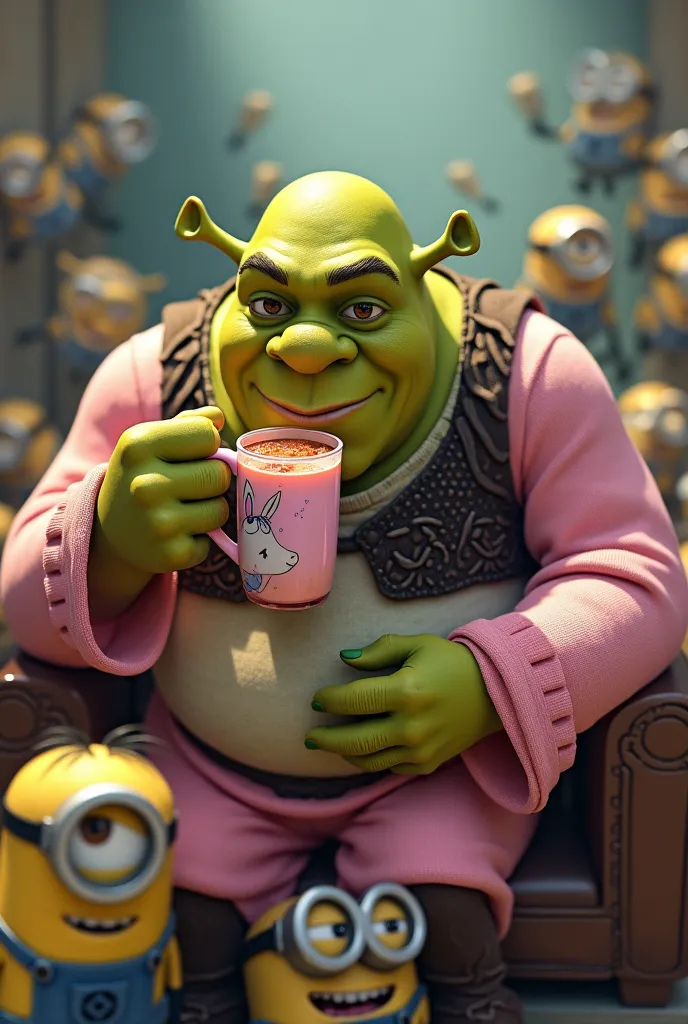 Shrek is sitting in pink clothes ,drinks dirt quietly from a pony cup,then the minions come in and attack him