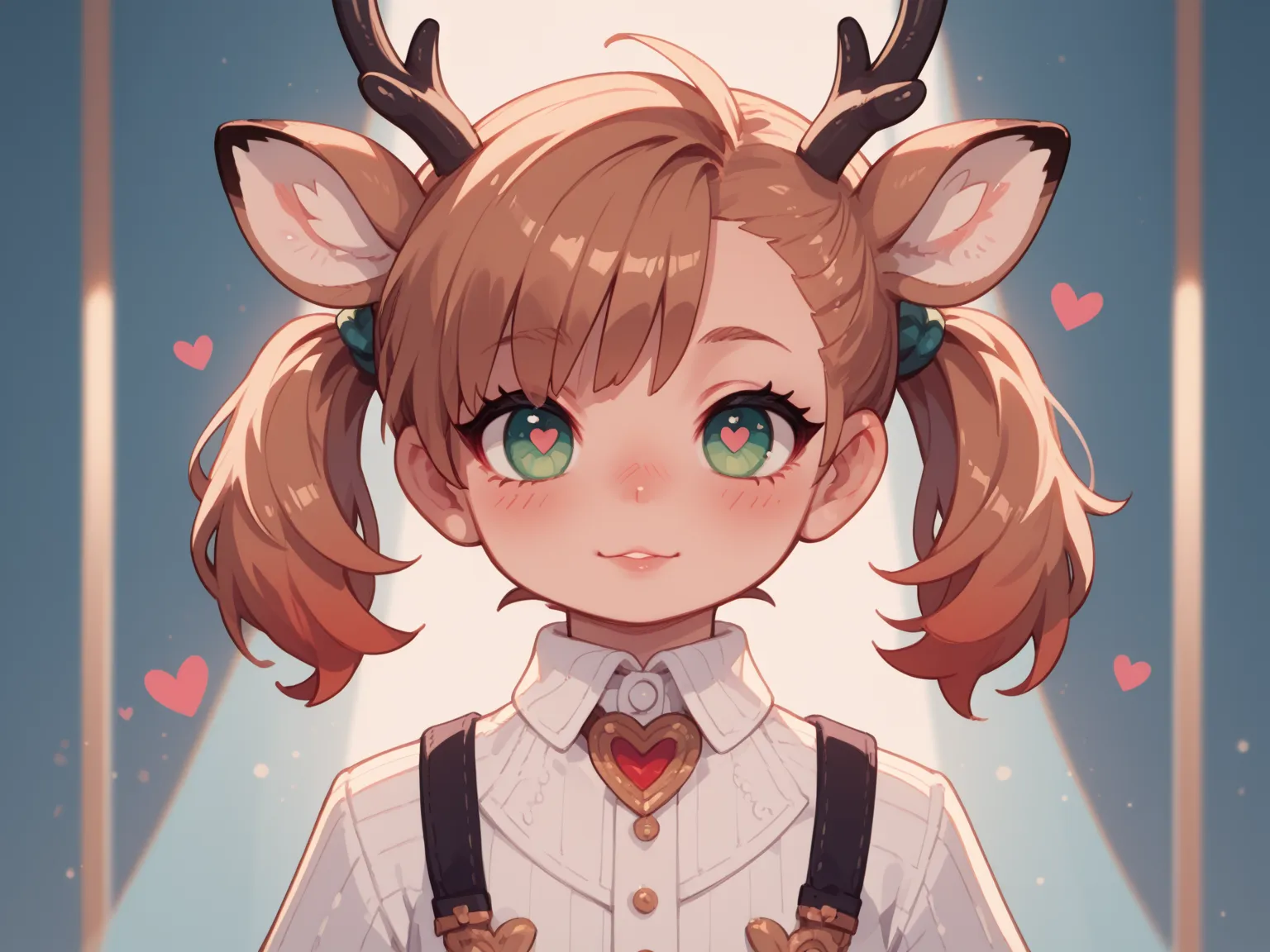 1人の女の子（とても幼い）、full body、,red hair,pixie cut,uneven twintails,single hair intake,green eyes, heart-shaped pupils,politician, ^^^,deer ears, dashed eyes