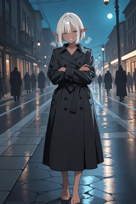 1girl, solo, dark skin elf, white bob cut, pointy ears, half-closed green eyes, no pupils, blush, heavy breathing, smile, black trench coat, close coat with both hands, crossed arms, sweat, BREAK, outdoors, barefoot, whole body, standing in the light of a ...