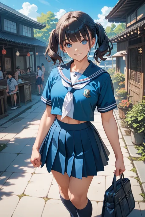 Japanese woman with very short dark hair, natural smile ,sailor suit,navy blue knee-length skirt,Detailed skirt pleats depiction,navy blue high socks,loafers,Athletic build,Summer in Japan,in front of home,In front of the entrance,I'm with my male friend, ...