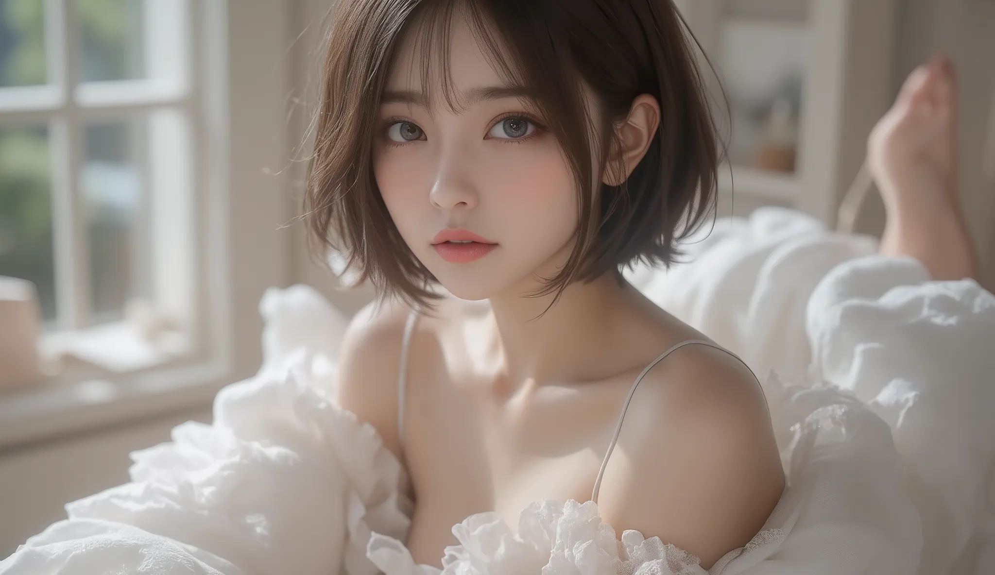 8k,Ultra High Resolution ,  highest quality,  masterpiece,rule of thirds,golden ratio,surreal, photos, one woman,( girls:1.3),cute,cute顔, Beautiful Eyes in Every Detail , 細かくdetails,mature woman,princess,upper body,smile, black hair,Short Layered cut,ID ph...