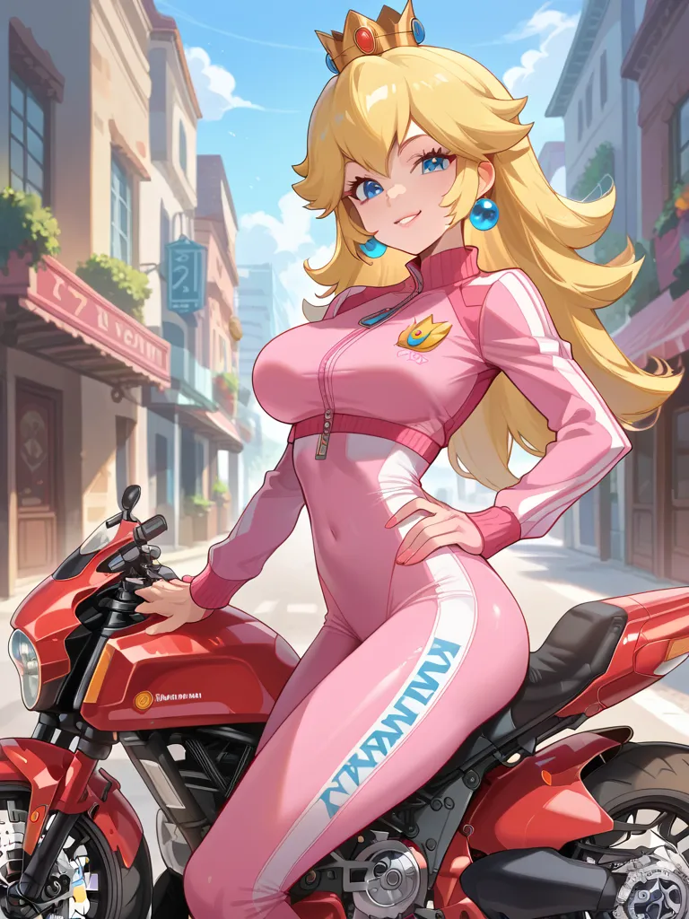 
(Princess Peach)Smile, smug, Large breasts, riding motorcycle