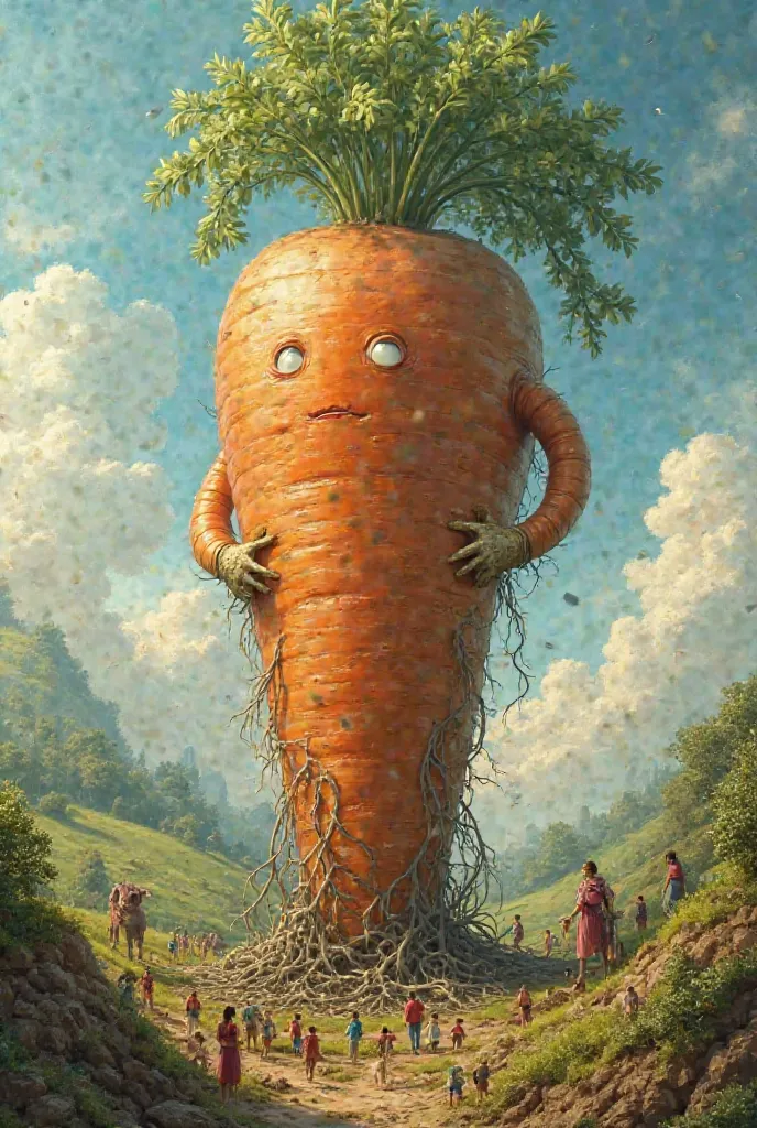 A large carrot is lifting a large carrot from the ground with many small people