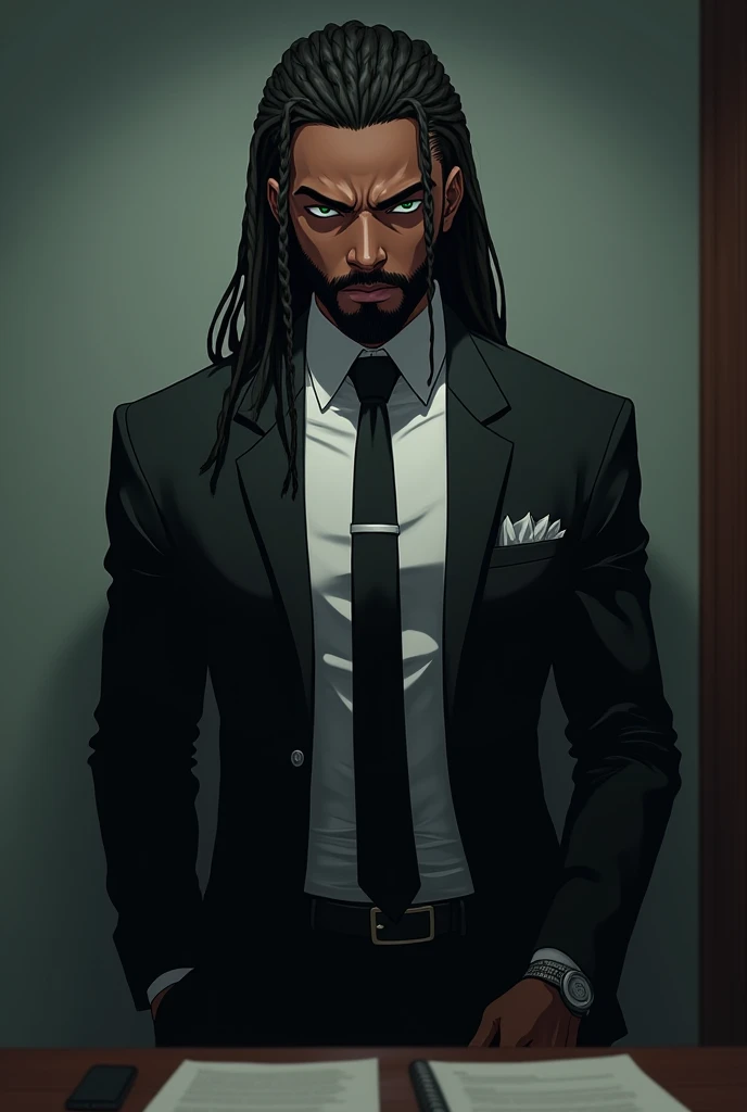 Realistic anime style of a black man with green eyes and long black hair braided. scary look. black and white suit, standing at an office table with hands in pockets.