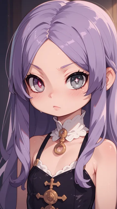 1人の女の子（とても幼い）、full body、,purple hair,very long hair,flipped hair,parted bangs,grey eyes, symbol-shaped pupils,Rococo movement, gloom ,flat chest, heterochromia