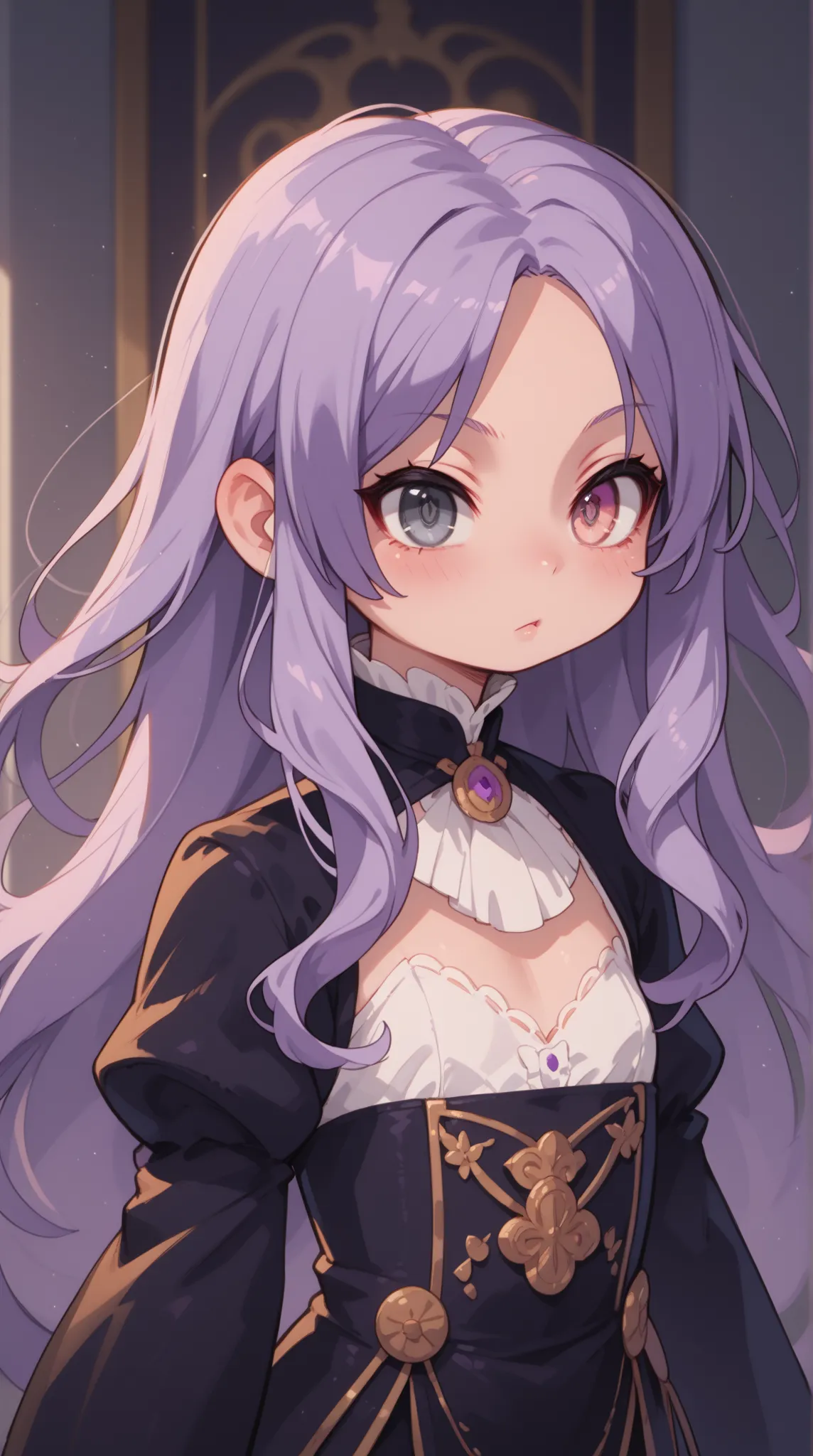 1人の女の子（とても幼い）、full body、,purple hair,very long hair,flipped hair,parted bangs,grey eyes, symbol-shaped pupils,Rococo movement, gloom ,flat chest, heterochromia