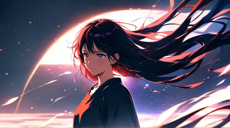 　lonely woman　Running around like a running lamp　Grief-stricken　Naive　Bishoujo anime the movie artist style　high quality　 long hair 