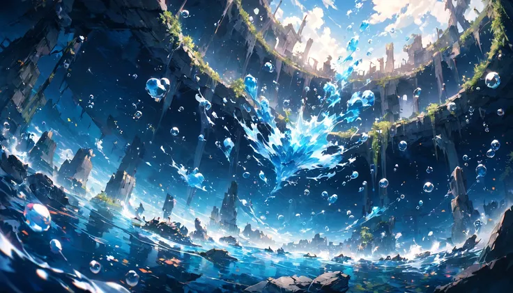 (( amazing absurd falling through the air )),超High Resolution,  attention to detail , high quality, High Resolution, 最high quality, 4K, 8k、Sunken Ruins、 In The Water、 surrounded by bubbles、Deep blue world、whole, Deep blue artwork 