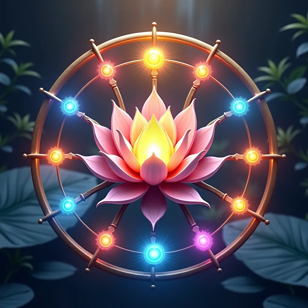 Prominently include the text (("TRUNG TAM TRAC NGHIEM & TƯ VAN")) Circular logo with lotus in the middle, 7 glowing chakras, on top of the logo is the words TRUNG TÂM TRẮC NGHIỆM & TƯ VẤN, beautiful image, most impressive, brilliant colors, highest quality...