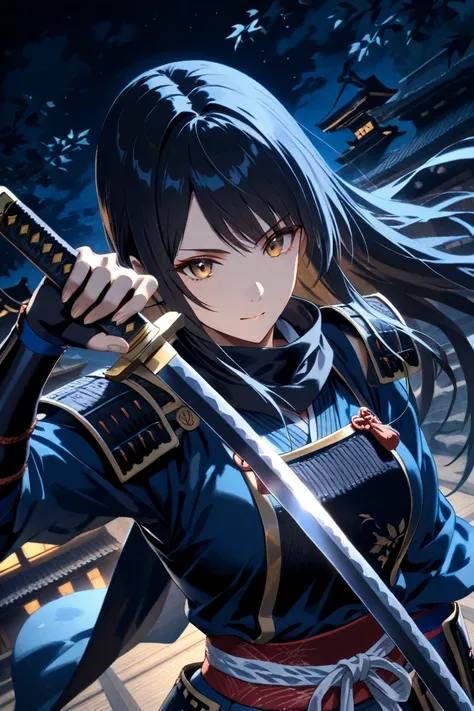 masterpiece, top quality,  beautiful woman ,  character emphasis , One person, upper body, long hair, samurai, Ninja,  Japanese Armor ,,In a pose holding a sword, Dynamic Angle, focus on your face,  Moonlit Night, Ancient Kyoto