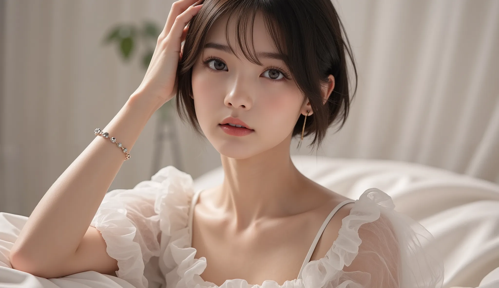 8k,Ultra High Resolution ,  highest quality,  masterpiece,rule of thirds,golden ratio,surreal, photos, one woman,( girls:1.3),cute,cute顔, Beautiful Eyes in Every Detail , 細かくdetails,mature woman,princess,upper body,smile, black hair,Short Layered cut,ID ph...