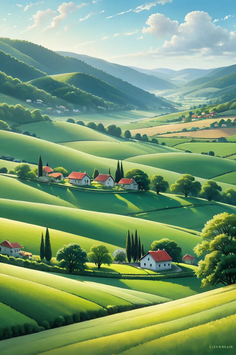 A painting with 2D houses set in an environment with a few trees. These few houses are at the bottom of the painting, and in the middle of the painting are fields and above is the sky. 