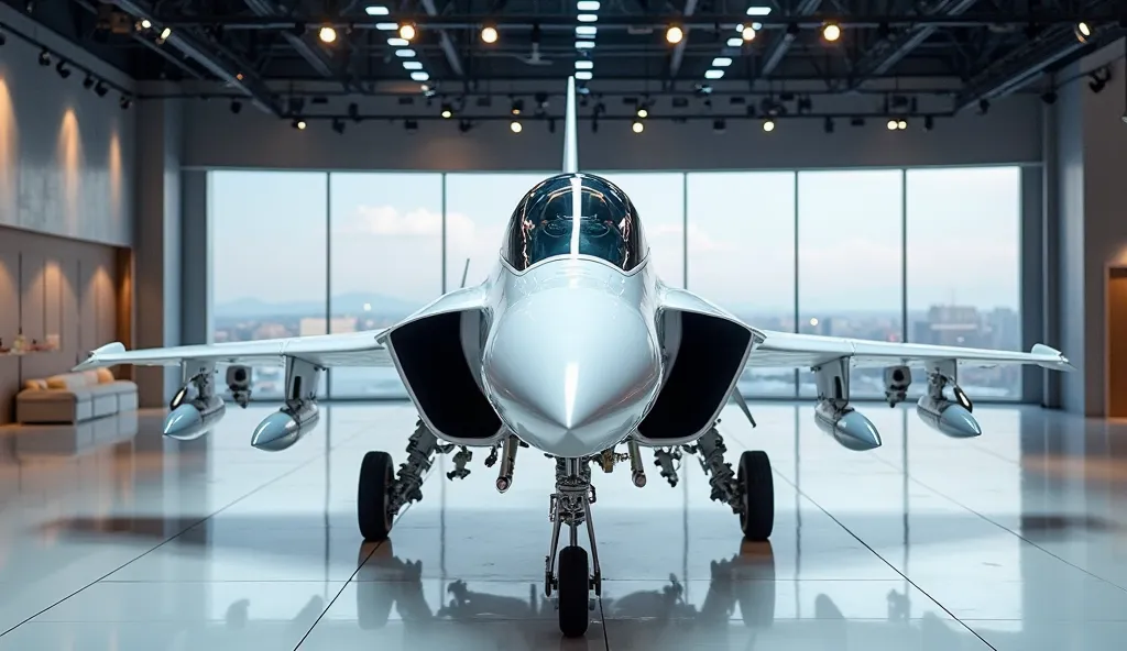 
"A high-definition, front-view image of a JF-17 Thunder fighter jet in a pristine white color. The aircraft is displayed in a luxurious showroom with bright, well-placed lighting that enhances its sleek and shiny surface. The polished floor reflects the j...