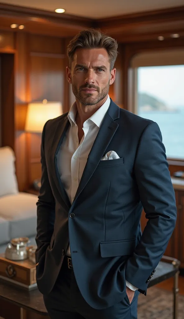 a 30-year-old man,on your yacht,impressive and confident presence,well-groomed physique ,photorealistic portrait,ambiente luxurious,exquisite interiors, soft light,4K,high quality photograph,studio lighting,physics-based rendering,vivid colors,depth of fie...