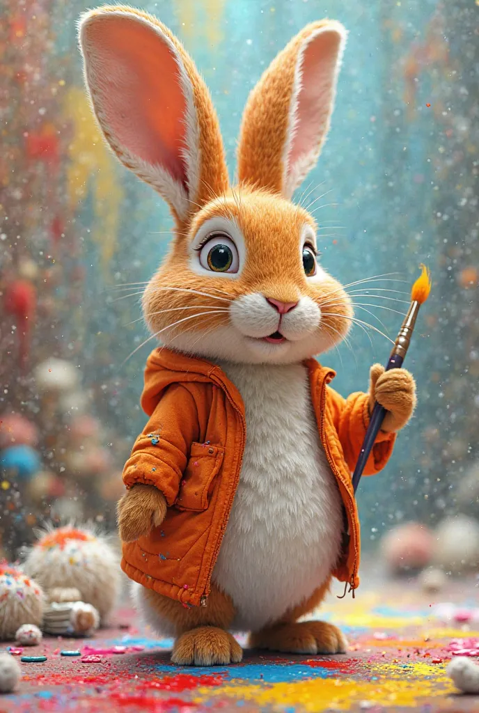 Animate the paintbrush revealing its magic, with colors bursting forth from the canvas. Benny( a rabbit with orange and white colour) should look amazed, with paint splatters on his face and clothes."
