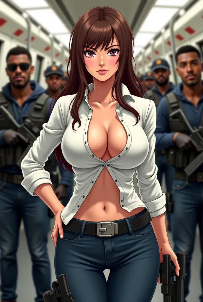 A digital anime-style pic of a curvy, fair-skinned chick with long brown hair rocking a partially unbuttoned white shirt, showing off her big boobs. She's got a gun in her hand and a bunch of dark-skinned dudes in the background, all geared up in tactical ...