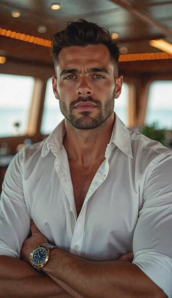 a 30-year-old man, on your yacht, impressive and confident presence, well-groomed physique , photorealistic portrait,  luxurious ambience blouse, exquisite interiors, Light Suave30-year-old man,luxury yacht, confident presence,Well-defined physique,photore...