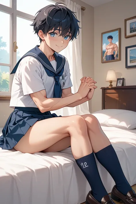 Japanese woman with very short dark hair, shy smile,sailor suit,navy blue knee-length skirt,navy blue high socks,loafers,Athletic build,ren's room at home,bed,I'm with my male friend, holding hands, correct number of fingers,Muscular boy,is shy