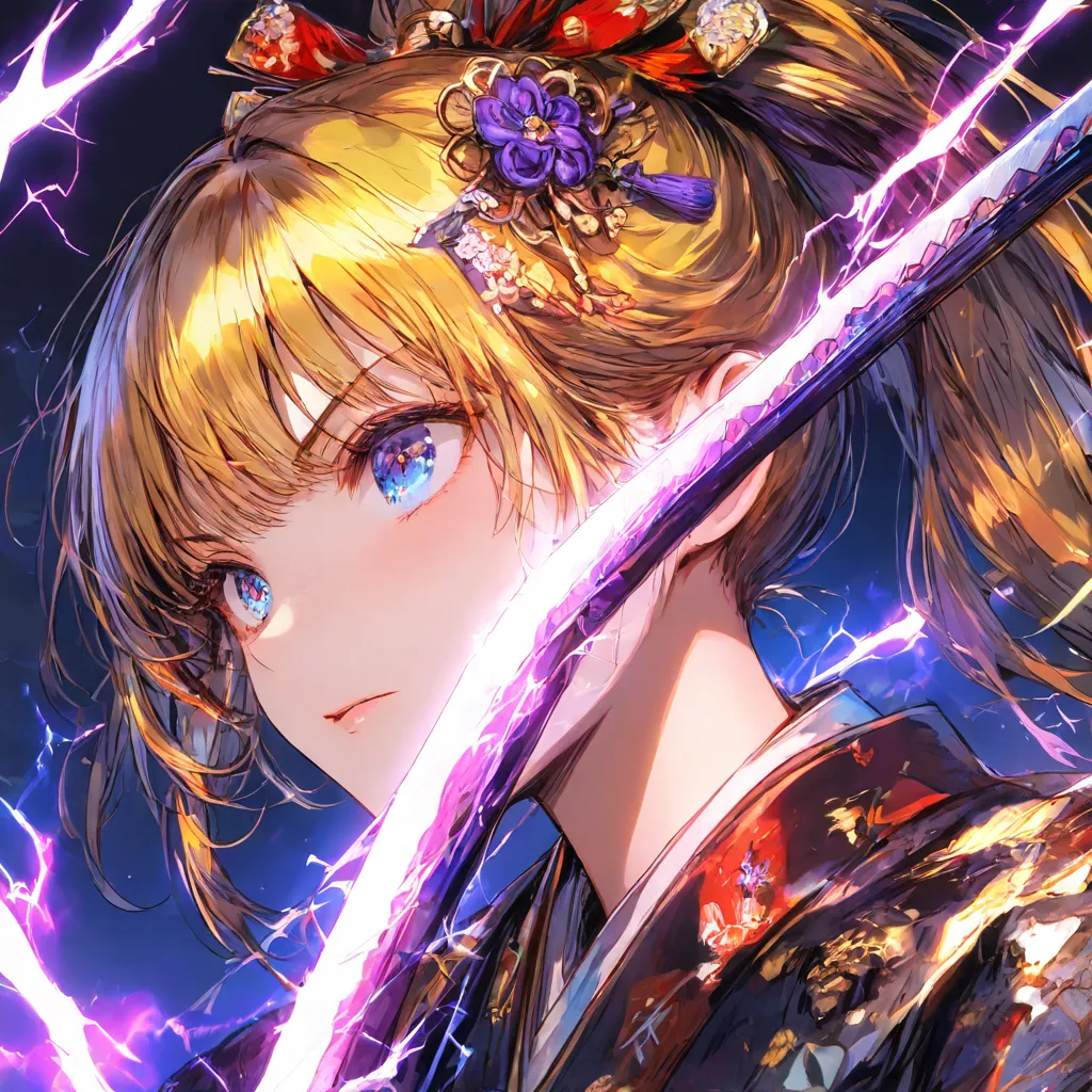 high quality,  Portrait of a Woman ,  yellow hair, blue eyes, ponytail,  Japanese Style Hair Ornament, samurai,  Japanese sword, electricity, thunder,  fight scene, Purple flash, simple background, Overlooking,  speed line, 4K, HDR, Vivid Colors, Bokeh